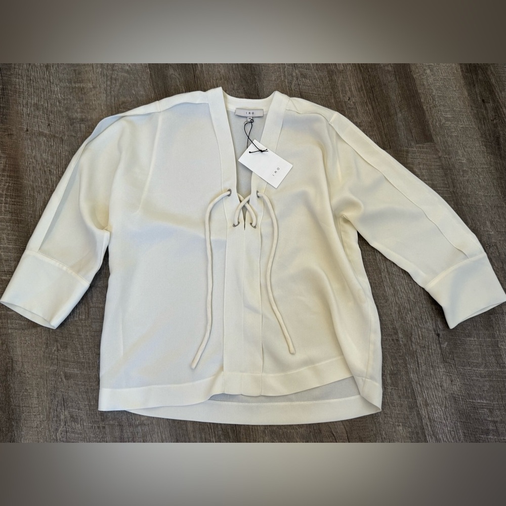 IRO Alis Tie Front V-Neck Blouse, Size 34 (S), NWT, MSRP: $268, Cream/Ivory